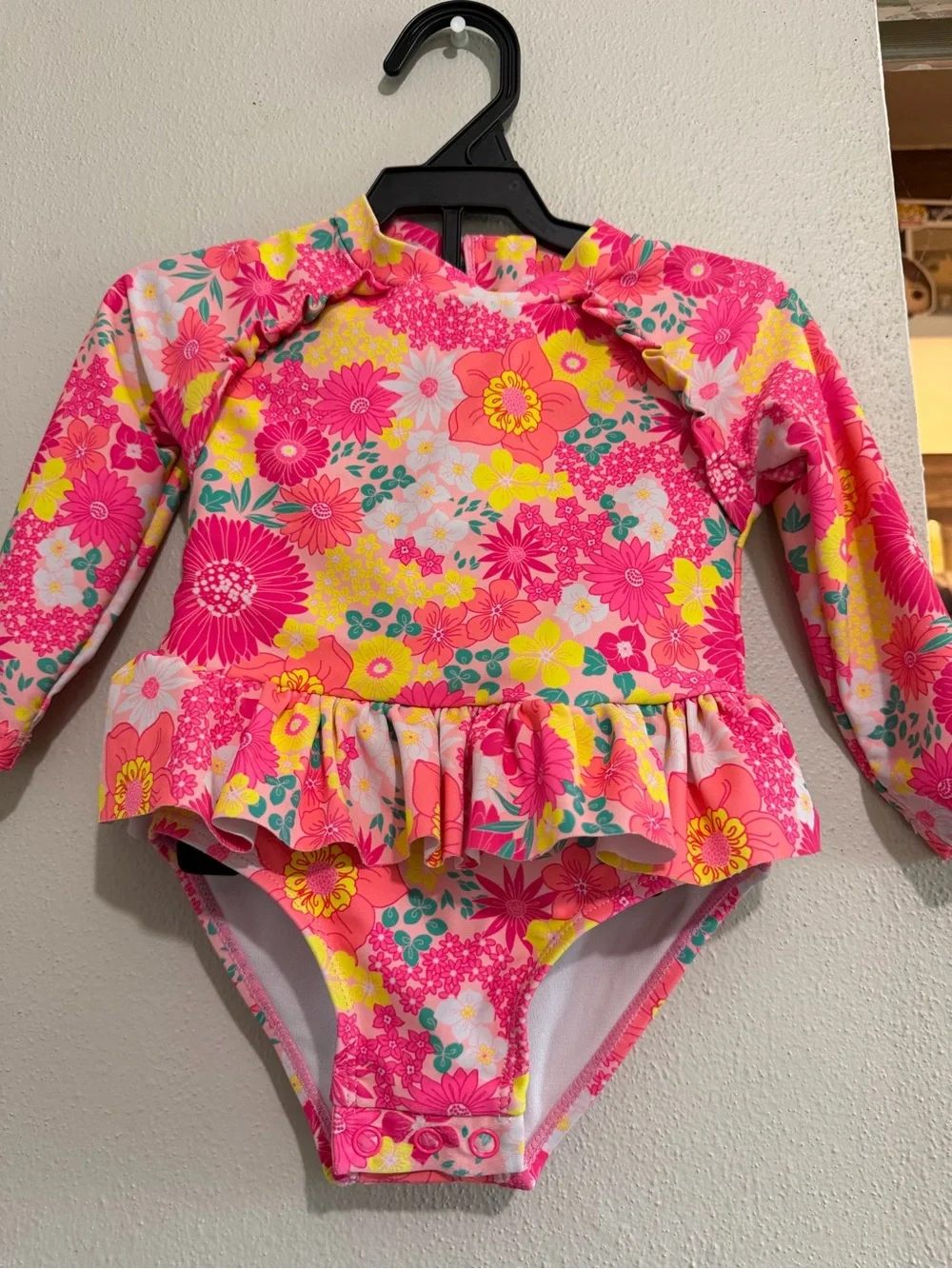 Betsey Johnson Baby Girls' Pink Floral Long-Sleeve Rash Guard Swimsuit 18mo